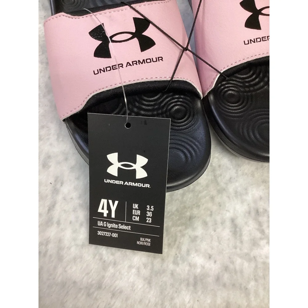 Under‎ Armour Ignite Select Kids 4Y Slides Black Pink Sandals 3027227-001 NEW